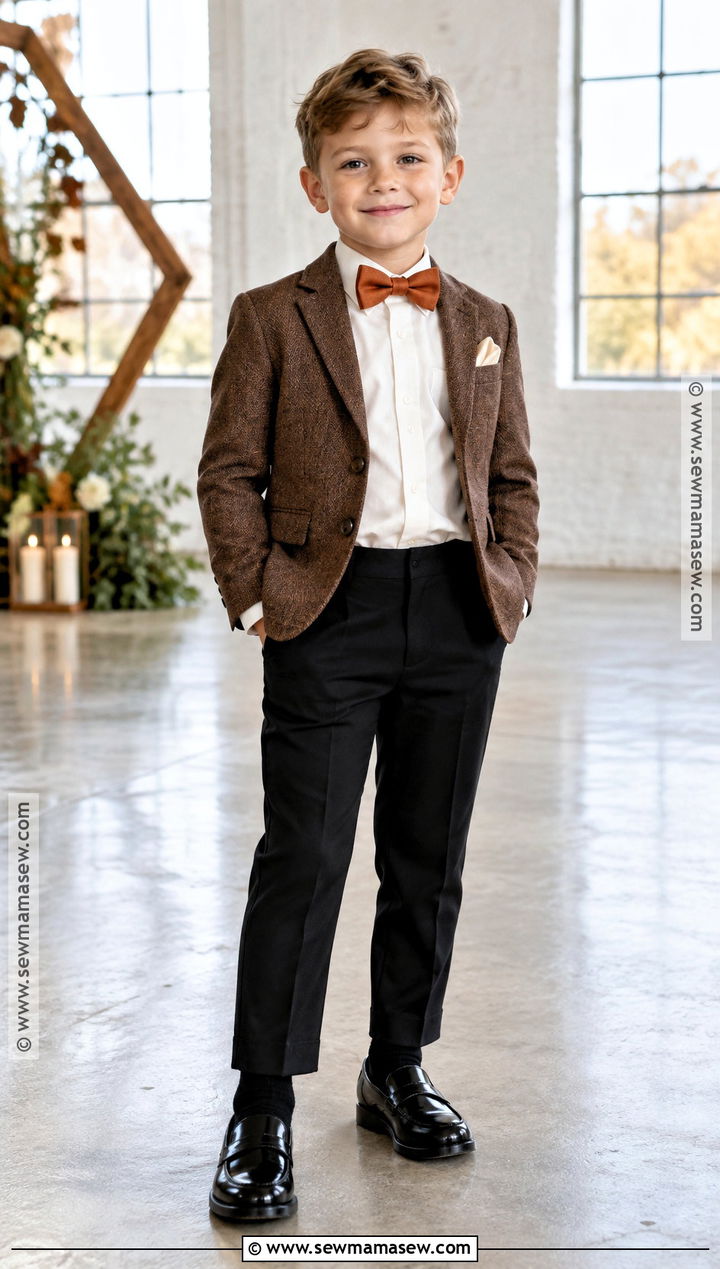 Brown Blazer With Black Pants And Burnt Orange Tie - 15 ring bearer outfit fall wedding ideas