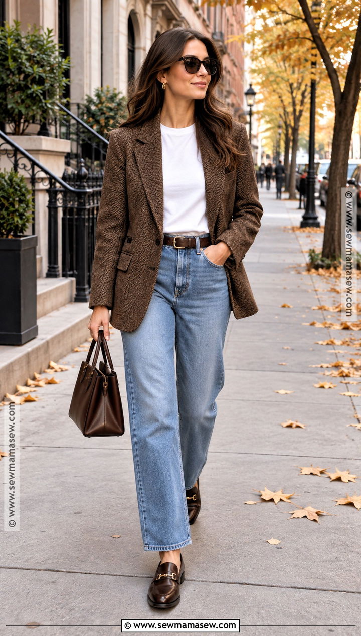 Brown Blazer With Blue Jeans And Loafers - 20 fall brown outfits
