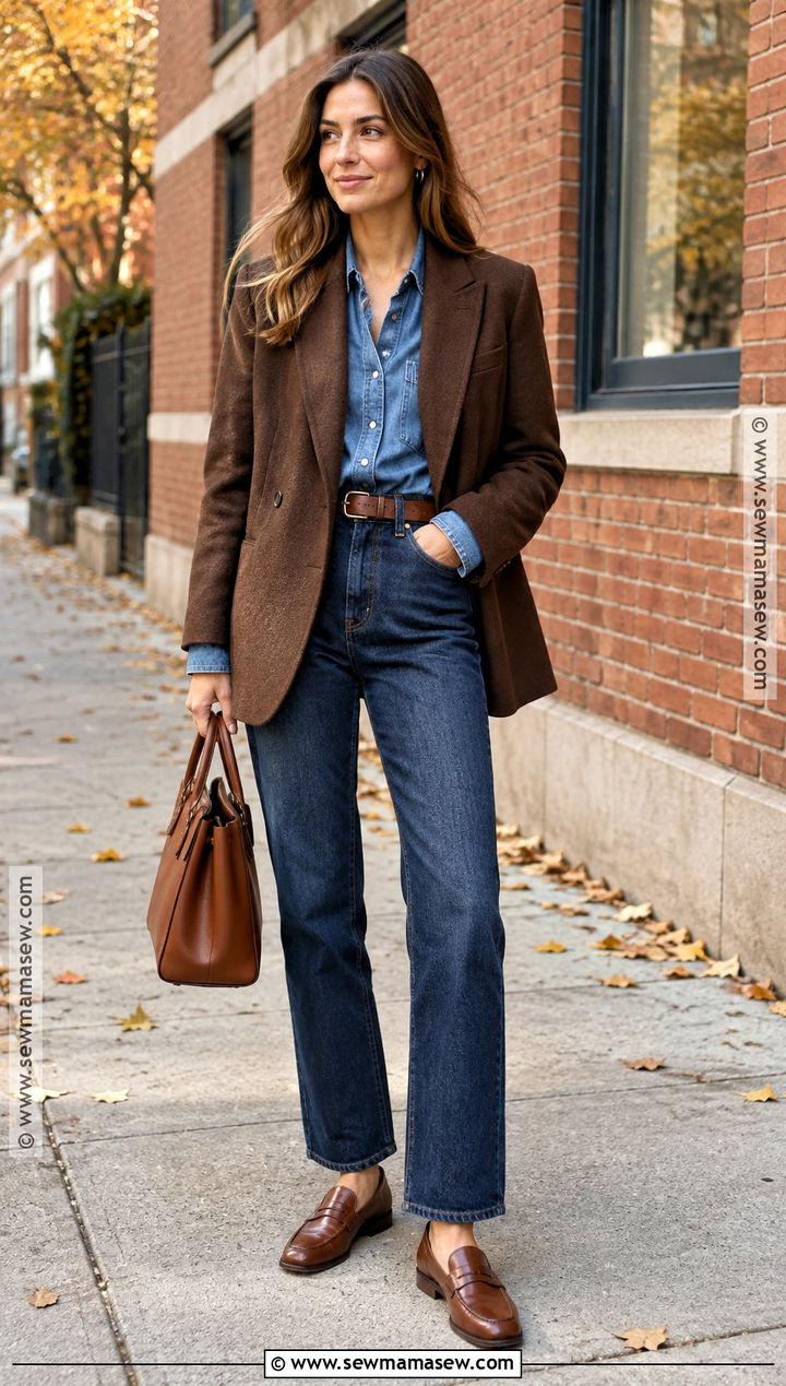 Brown Blazer With Denim Shirt And Jeans - 15 blazer fall ideas 2026