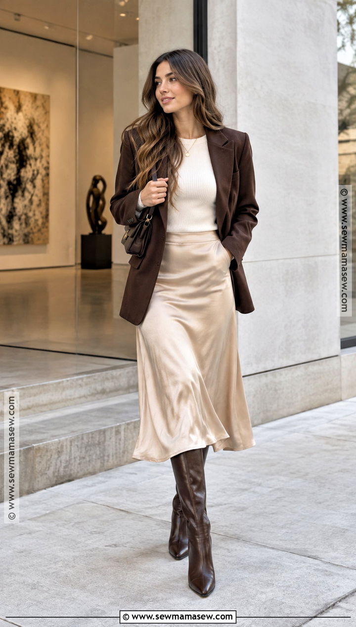 Brown Blazer With Satin Midi Skirt And Boots - 20 fall blazer outfits