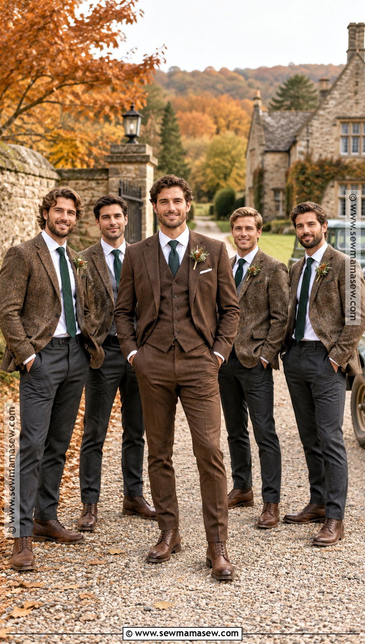 Brown Blazers And Charcoal Trousers For Groomsmen - 15 groom and groomsmen attire fall wedding ideas
