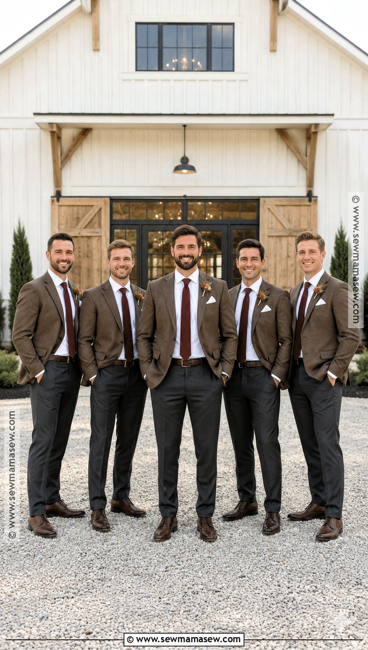 Brown Blazers With Charcoal Trousers - 15 groomsmen attire autumn ideas