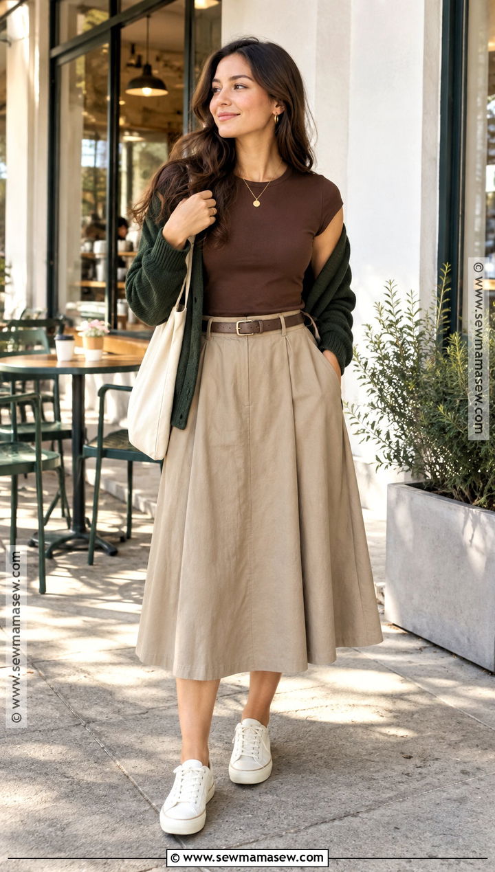 Brown Bodysuit With Khaki Midi Skirt And Sneakers - 15 Back To School Outfits Bodysuit