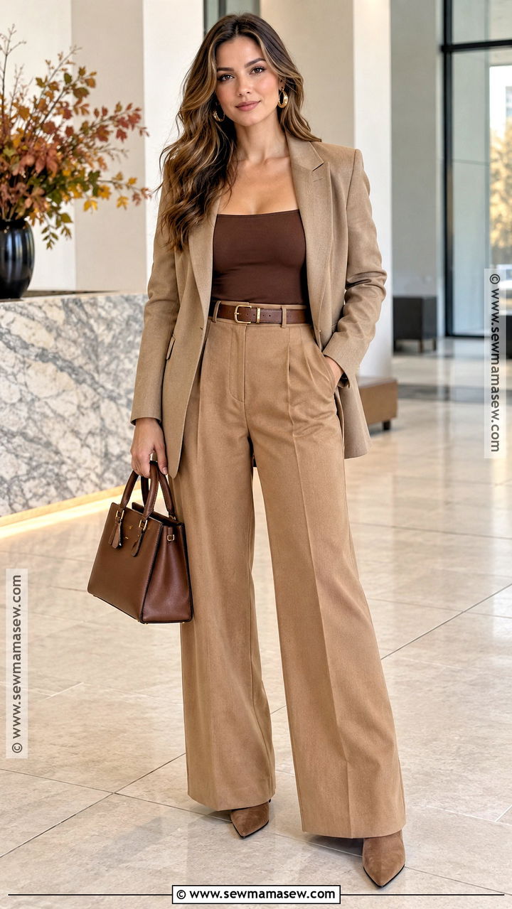 Brown Bodysuit With Wide Leg Pants - 20 brown top outfit fall ideas