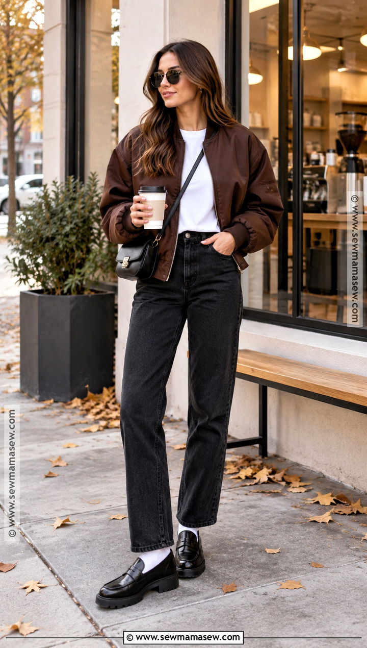 Brown Bomber Jacket With Black Jeans - 20 Brown Jacket Fall Outfit Ideas