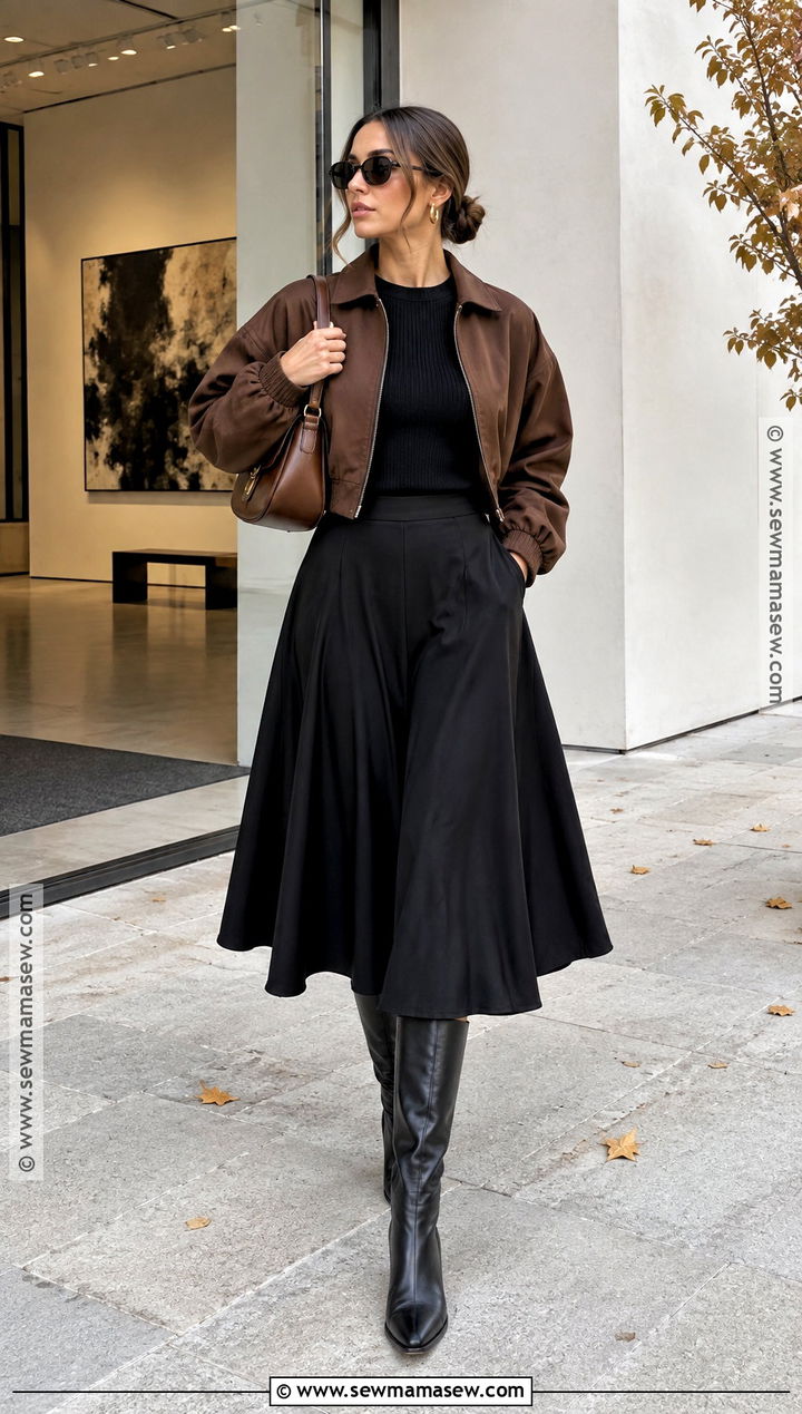 Brown Bomber Jacket With Black Midi Skirt - 15 brown fall jacket outfit ideas