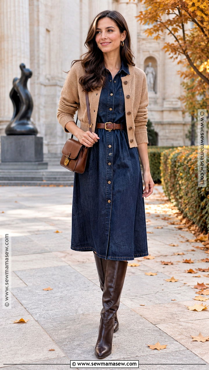 Brown Boots With Denim Dress - 20 Brown Boots Autumn Outfit