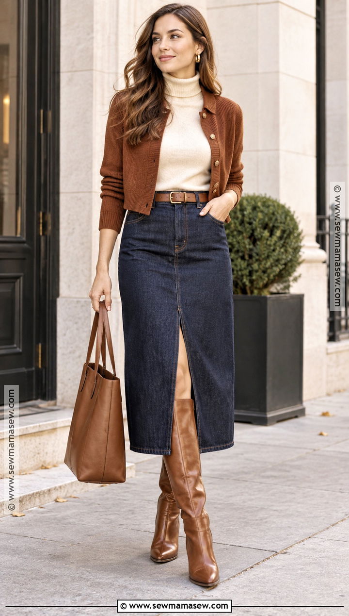 Brown Boots With Denim Midi Skirt - 20 brown boots fall outfit