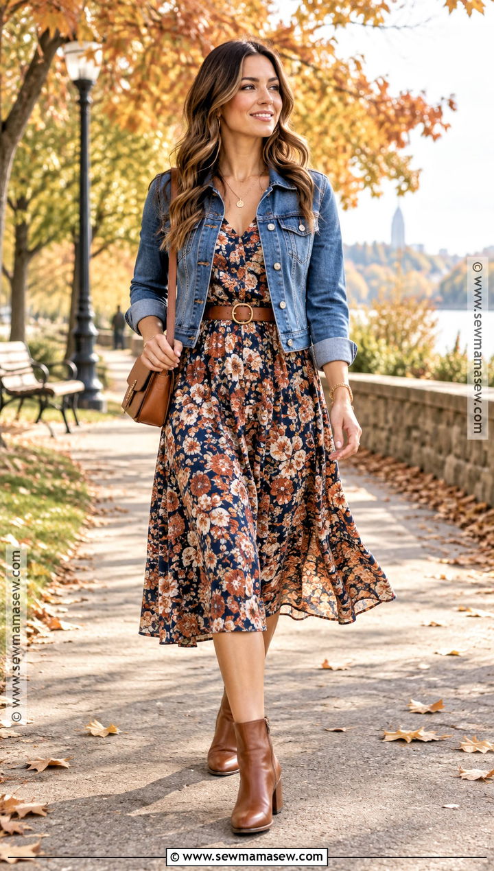 Brown Boots With Floral Midi Dress - 25 Brown Boots Outfit Fall