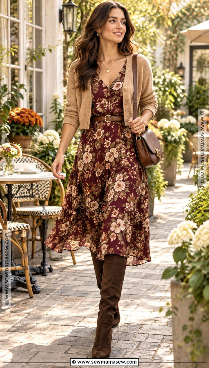 Brown Boots With Floral Midi Dress - 20 brown boots fall outfit