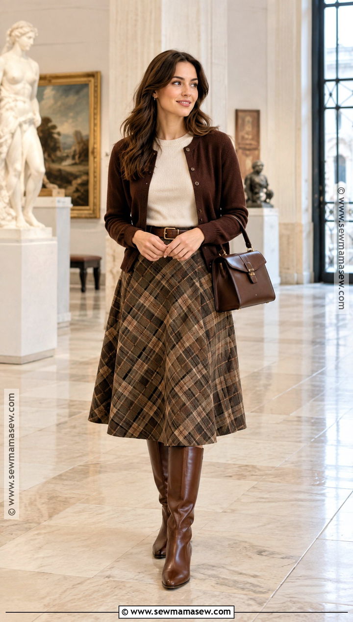Brown Boots With Plaid Skirt And Cardigan - 20 Brown Boots Autumn Outfit