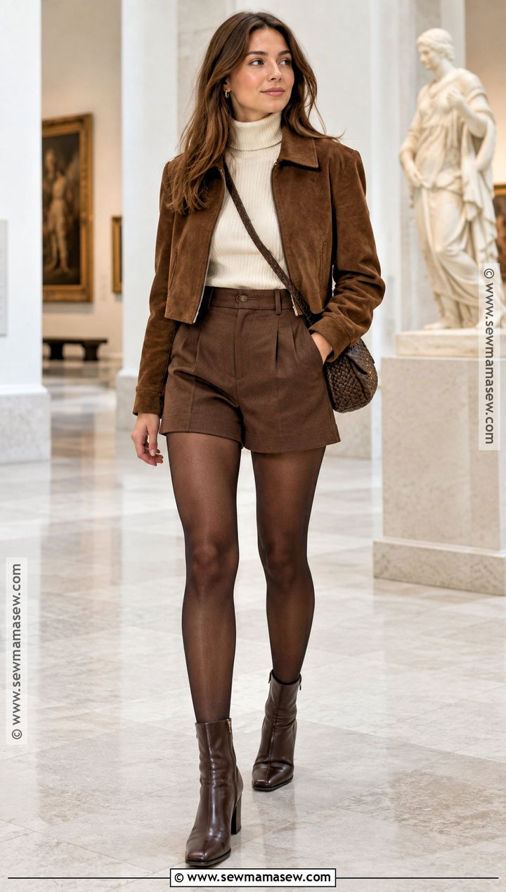 Brown Boxer Shorts With Turtleneck and Ankle Boots - 15 boxer shorts fall outfit ideas