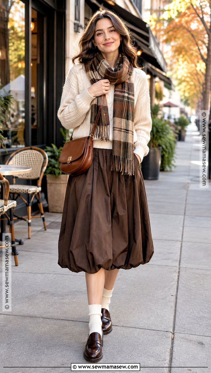 Brown Bubble Skirt With Chunky Sweater And Loafers - 15 fall bubble skirt outfit ideas