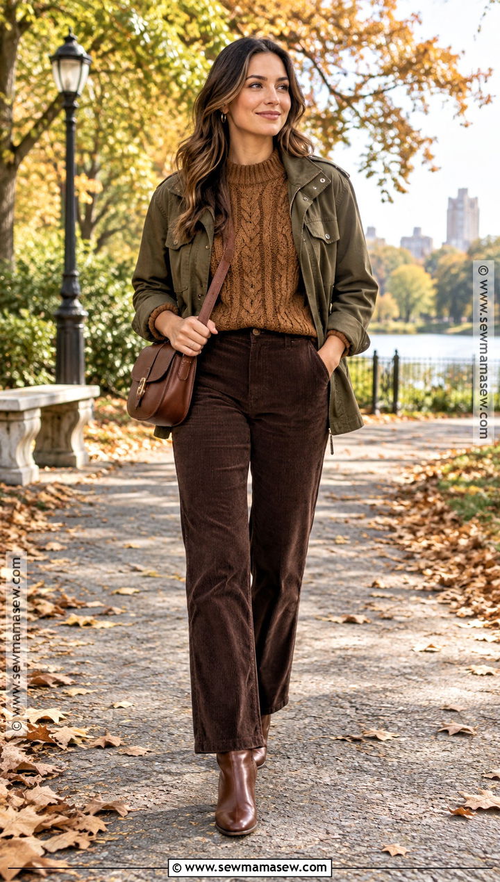 Brown Cable Knit Sweater With Corduroy Pants - 15 Autumn Brown Knitwear Ideas