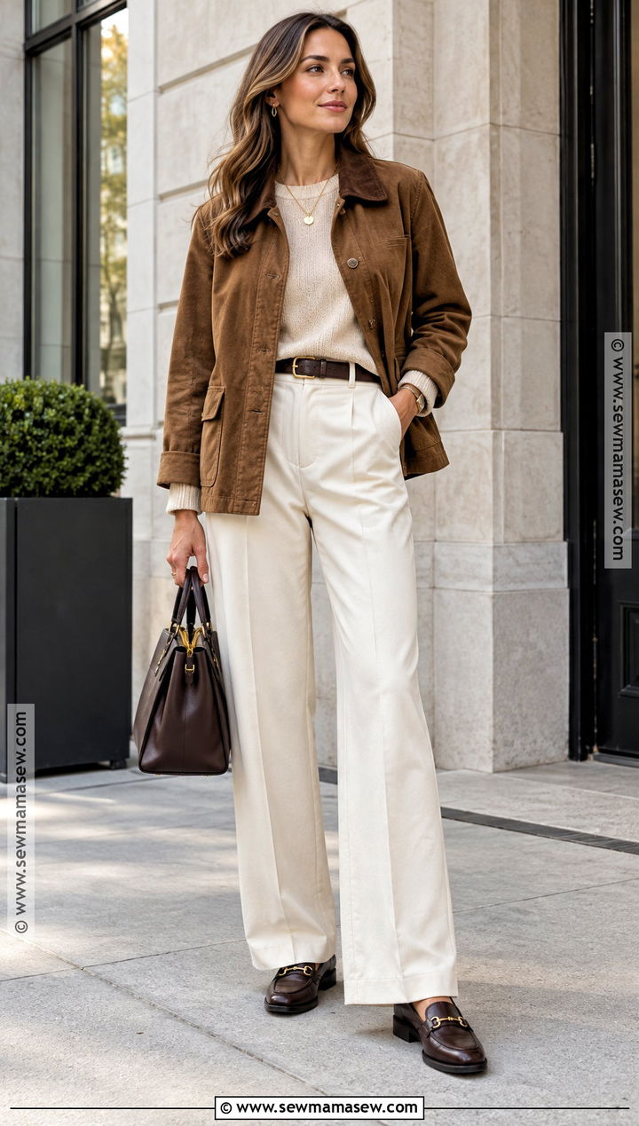 Brown Canvas Jacket With Cream Trousers And Loafers - 15 brown canvas jacket fall ideas