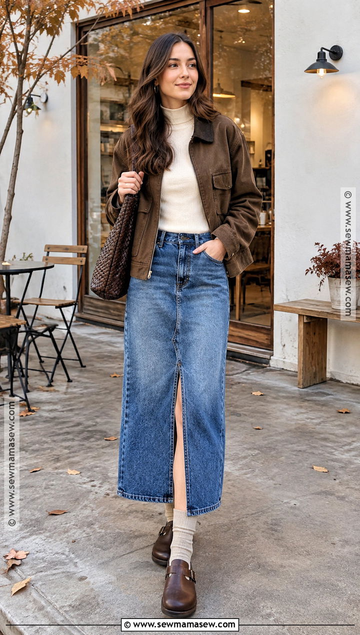 Brown Canvas Jacket With Denim Midi Skirt And Clogs - 15 brown canvas jacket fall ideas