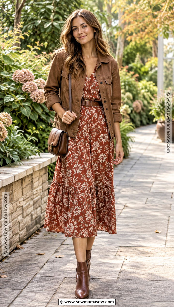 Brown Canvas Jacket With Floral Midi Dress And Ankle Boots - 15 brown canvas jacket fall ideas