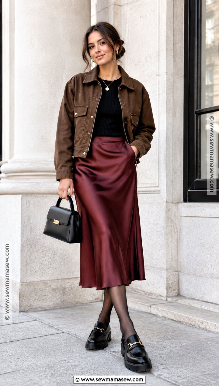 Brown Canvas Jacket With Satin Midi Skirt And Loafers - 15 brown canvas jacket fall ideas