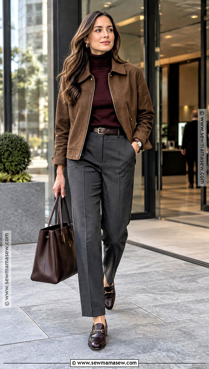 Brown Canvas Jacket With Turtleneck And Tailored Pants - 15 brown canvas jacket fall ideas