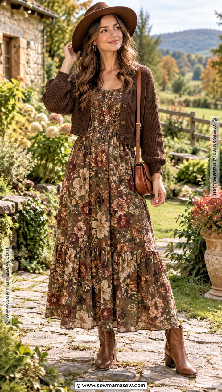 Brown Cardigan And Floral Maxi Dress Outfit - 25 earthy fall outfits