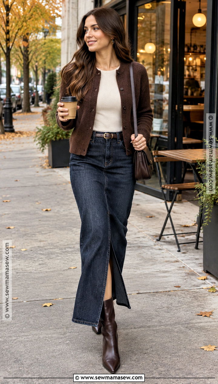 Brown Cardigan With Denim Maxi Skirt And Ankle Boots - 20 brown cardigan outfit fall ideas