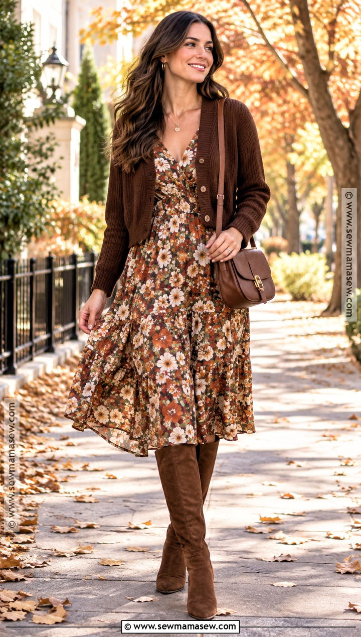 Brown Cardigan With Floral Midi Dress And Tall Boots - 20 brown cardigan outfit fall ideas