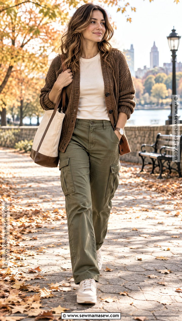 Brown Cardigan With Olive Cargo Pants And Sneakers - 20 brown cardigan outfit fall ideas