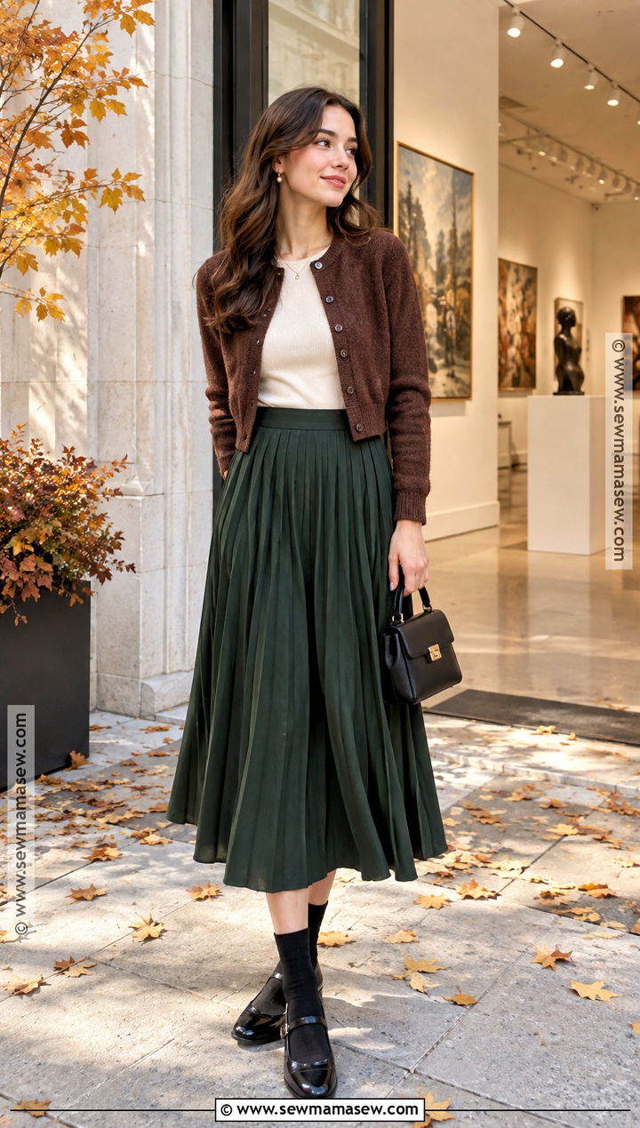Brown Cardigan With Pleated Skirt And Mary Janes - 20 brown cardigan outfit fall ideas