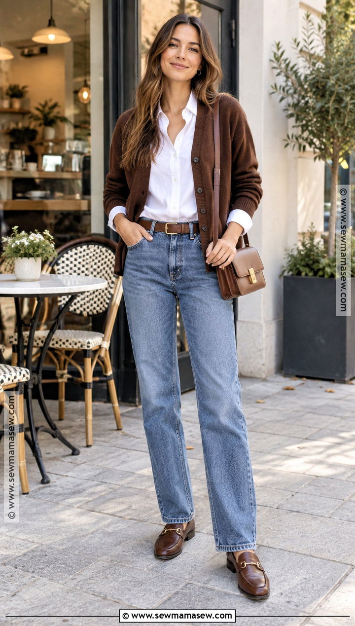 Brown Cardigan With White Shirt And Blue Jeans - 15 brown knitwear fall style ideas