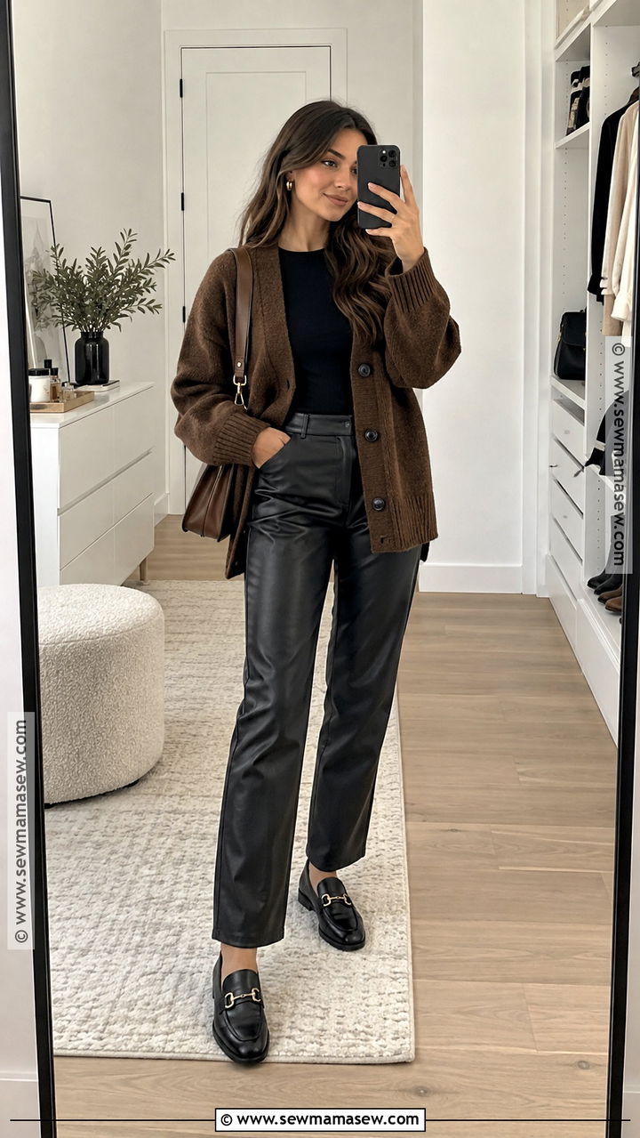Brown Cardigan and Black Leather Pants Outfit - 20 Neutral Fall Outfits for Women