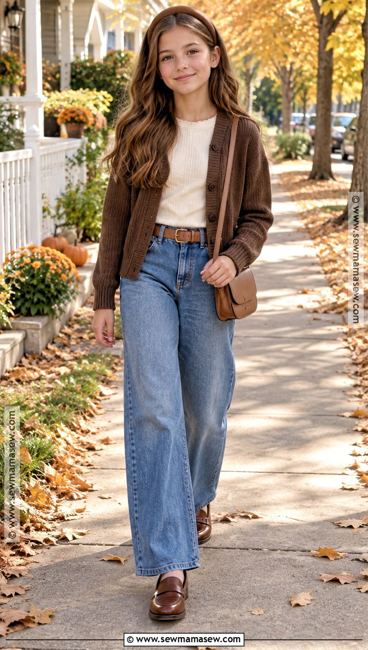 Brown Cardigan and Wide Leg Jeans Thanksgiving Outfit - 15 thanksgiving outfits for girls