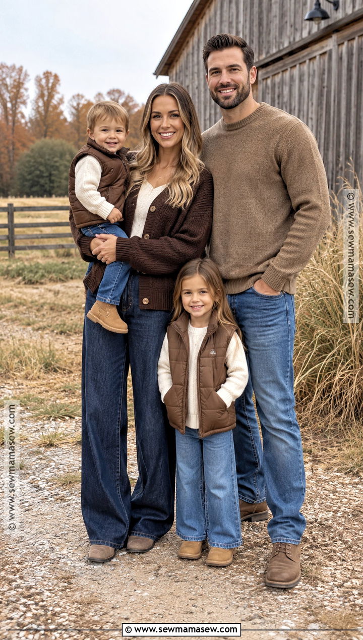 Brown Cardigans And Wide Leg Jeans Family Outfit - 15 fall family photo outfits outdoor jeans