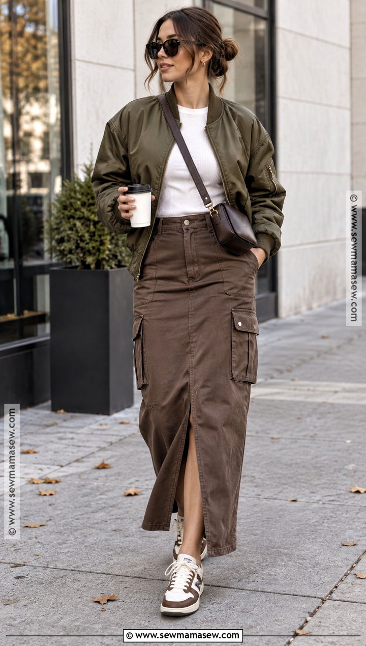Brown Cargo Maxi Skirt With Bomber Jacket - 20 brown skirt outfit fall ideas