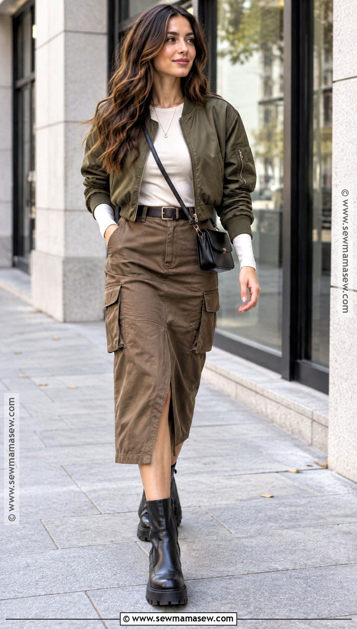 Brown Cargo Midi Skirt With Fitted Tee And Bomber Jacket - 25 brown skirt fall outfit ideas