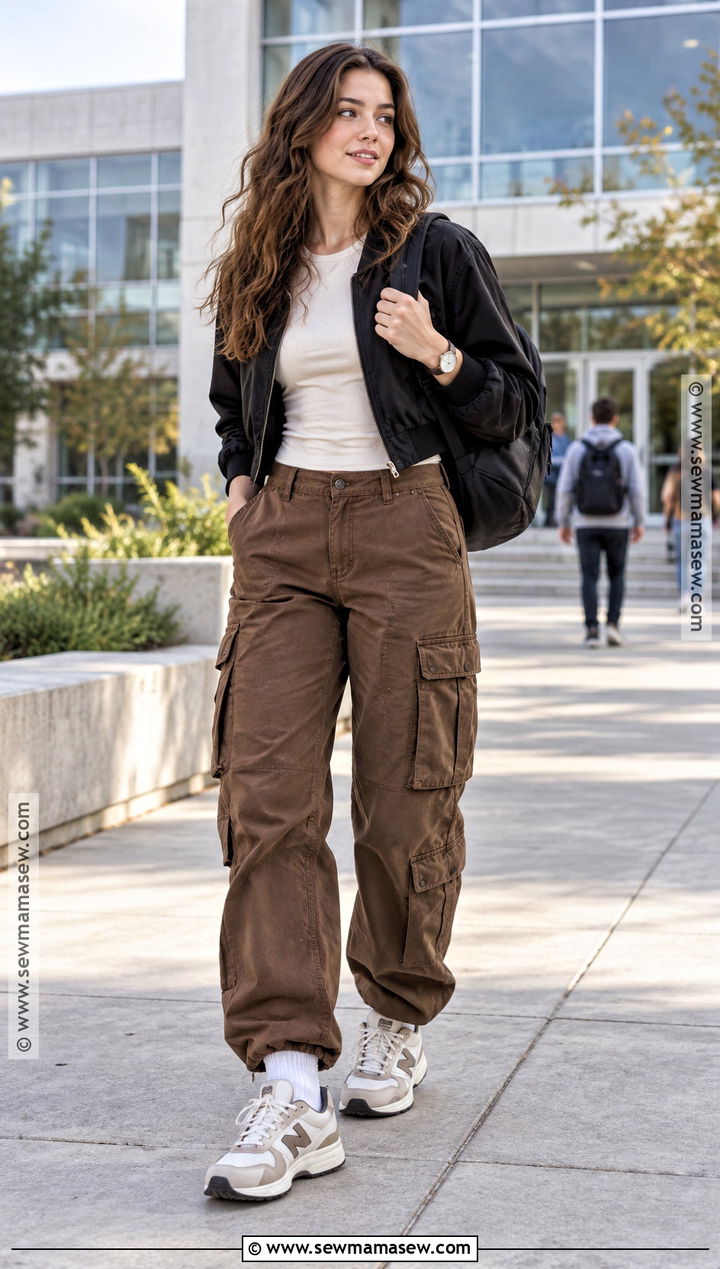 Brown Cargo Pants With Bomber Jacket - 20 back to school outfits cargo pants