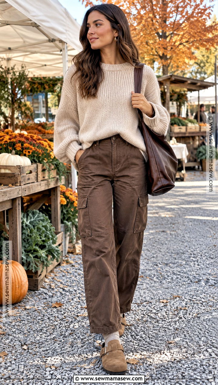 Brown Cargo Pants With Chunky Sweater and Clogs - 15 fall outfits women cargo pants