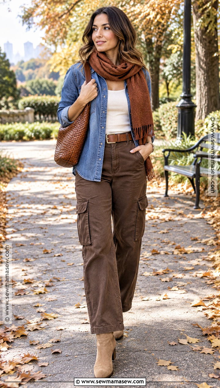 Brown Cargo Pants With Denim Shirt And Suede Boots - 15 Fall Cargo Pants