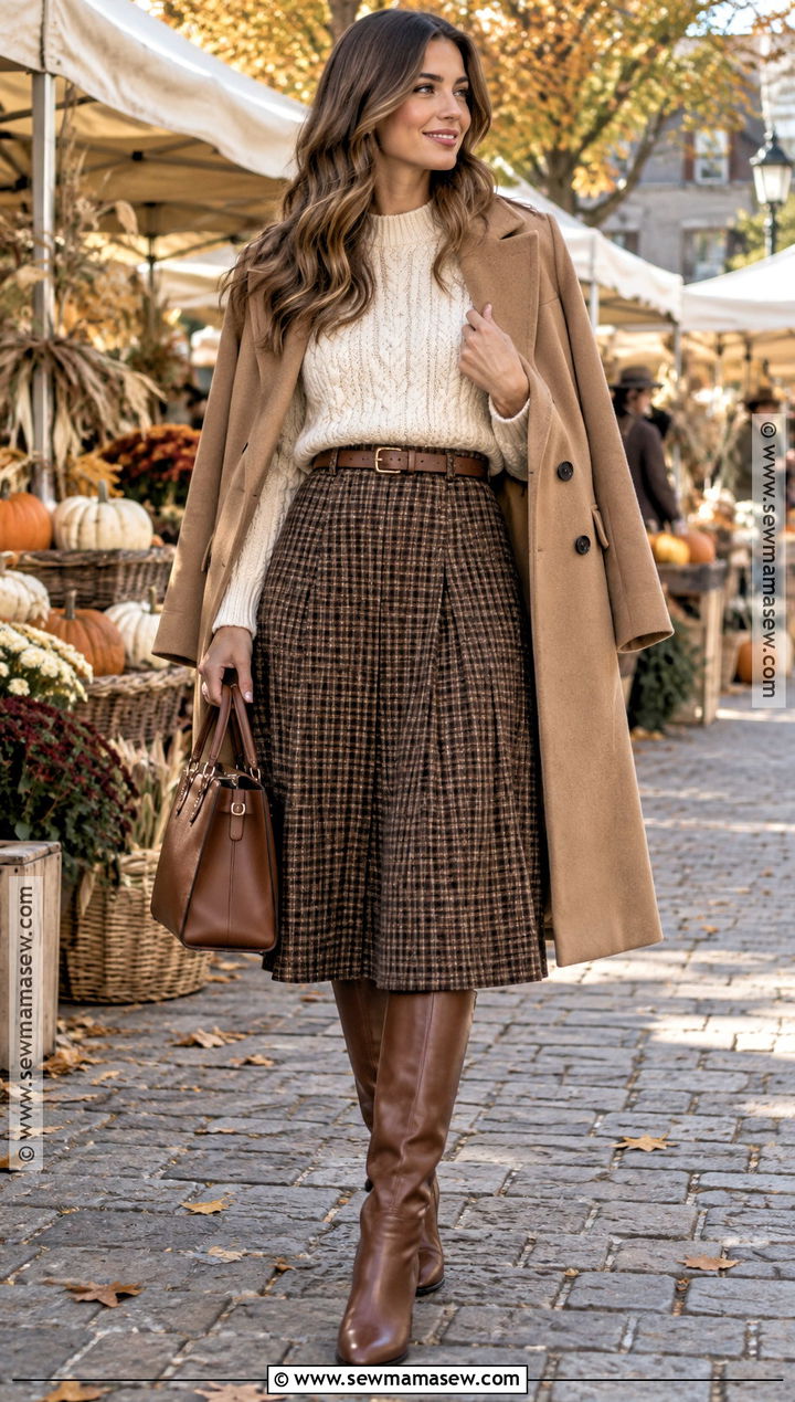 Brown Checkered Skirt With Cream Knit and Riding Boots - 15 checkered skirt fall fashion ideas