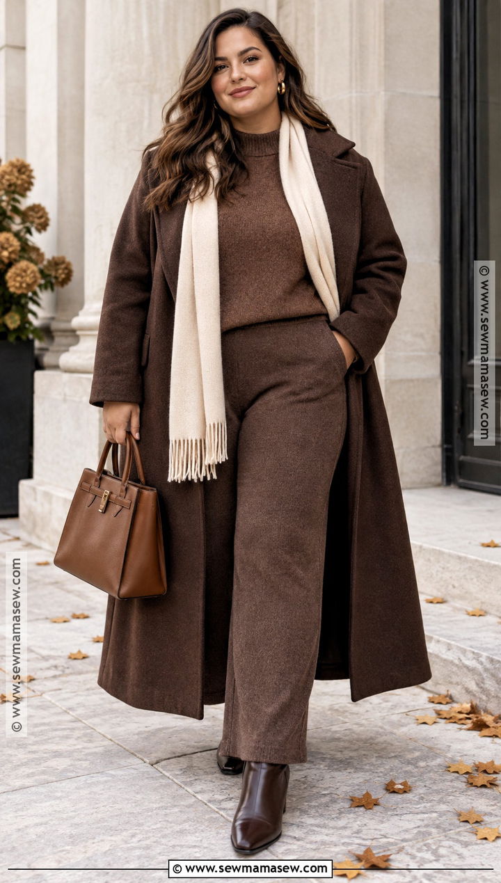 Brown Coat and Monochrome Knit Outfit - 20 Brown Outfit Autumn Ideas