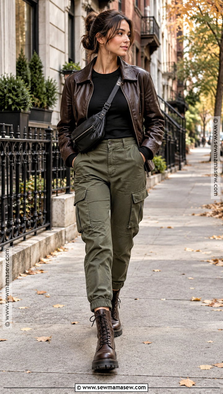 Brown Combat Boots With Cargo Pants And Bomber Jacket - 20 brown boots fall outfits