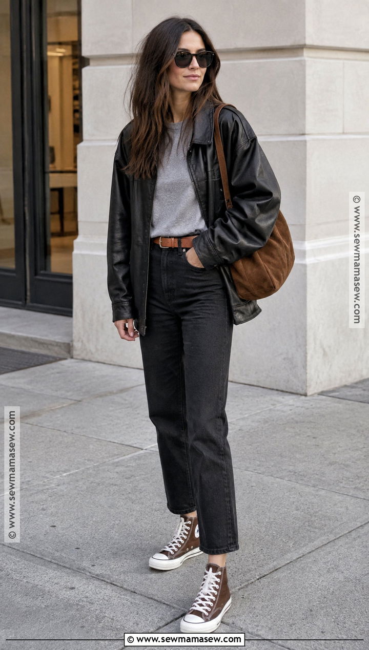 Brown Converse With Black Jeans And Leather Jacket - 15 Brown Converse Outfit Fall Ideas