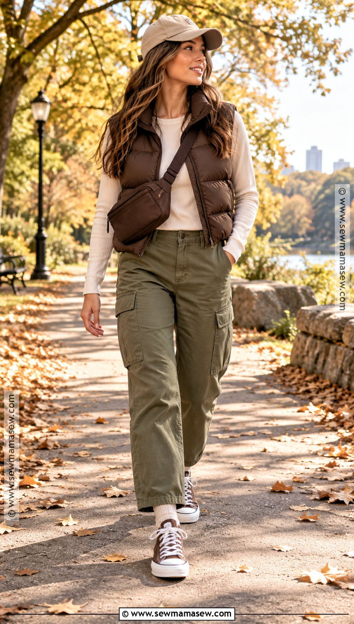 Brown Converse With Cargo Pants And Puffer Vest - 15 Brown Converse Outfit Fall Ideas