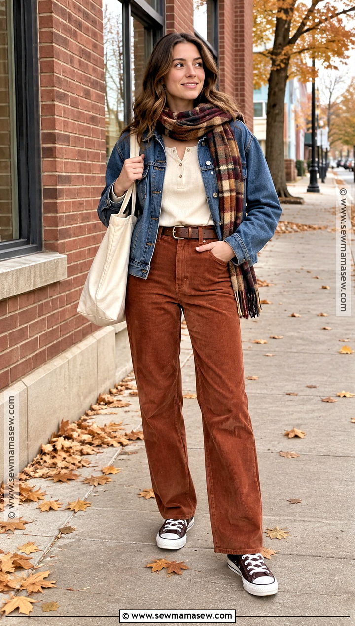 Brown Converse With Corduroy Pants And Denim Jacket - 15 Brown Converse Outfit Fall Ideas