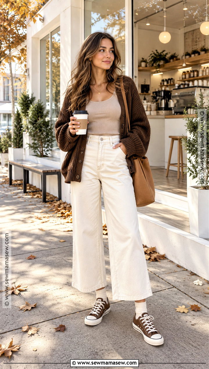 Brown Converse With Cream Pants And Cardigan - 15 Brown Converse Outfit Fall Ideas