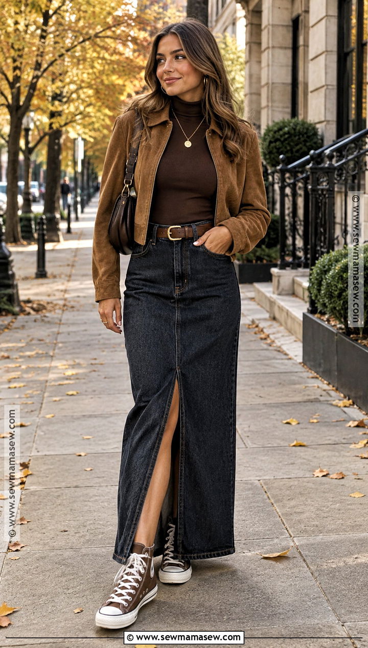 Brown Converse With Denim Maxi Skirt And Turtleneck - 15 Brown Converse Outfit Fall Ideas