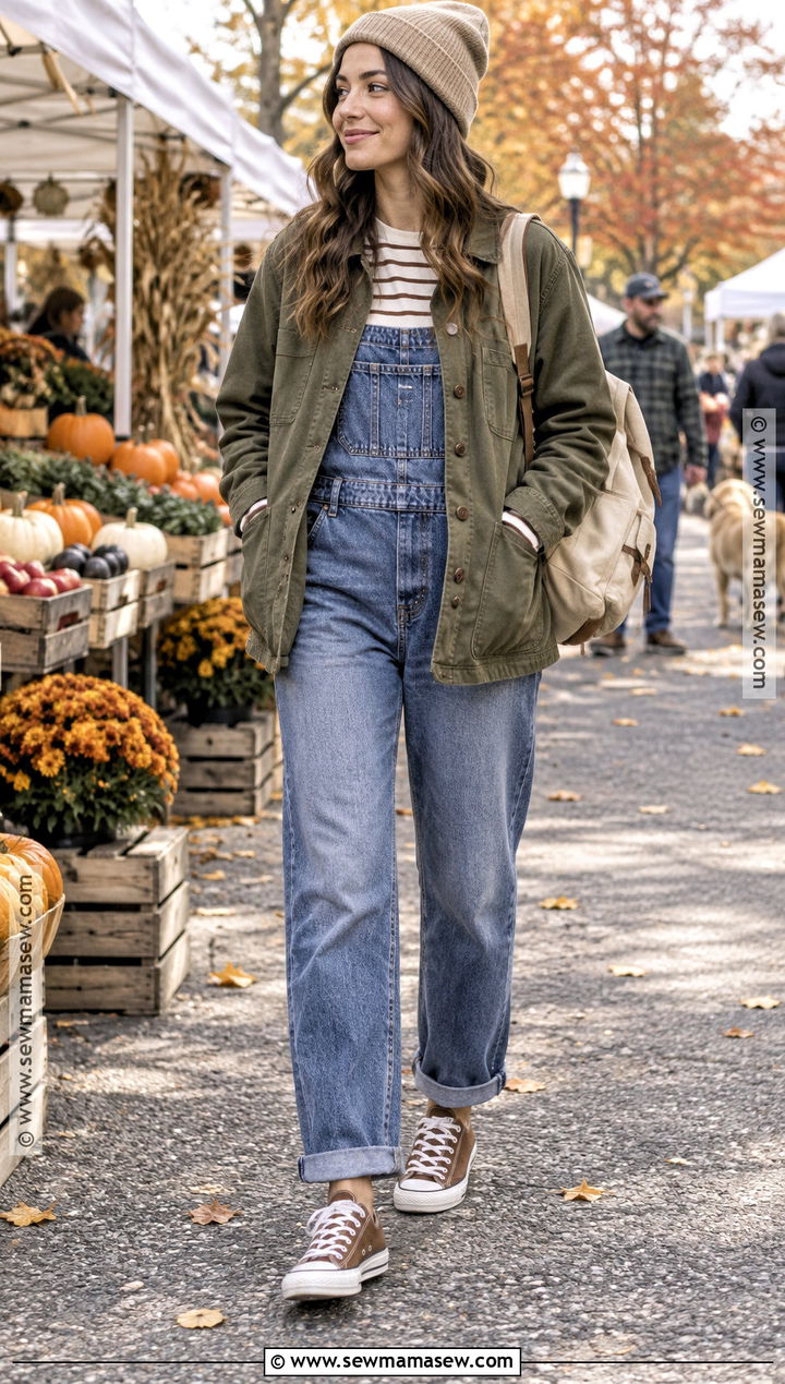Brown Converse With Denim Overalls And Striped Shirt - 15 Brown Converse Outfit Fall Ideas
