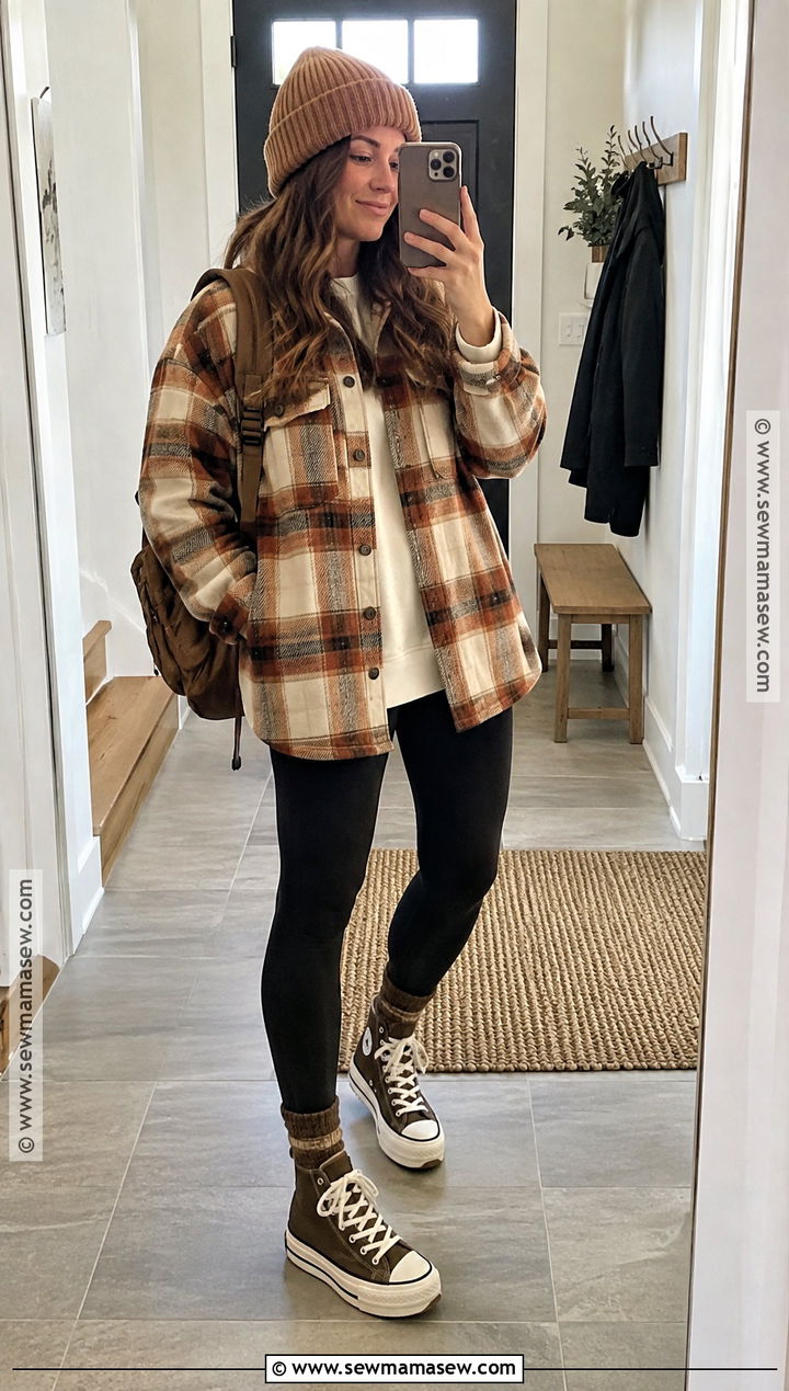 Brown Converse With Leggings And Oversized Shacket - 15 Brown Converse Outfit Fall Ideas