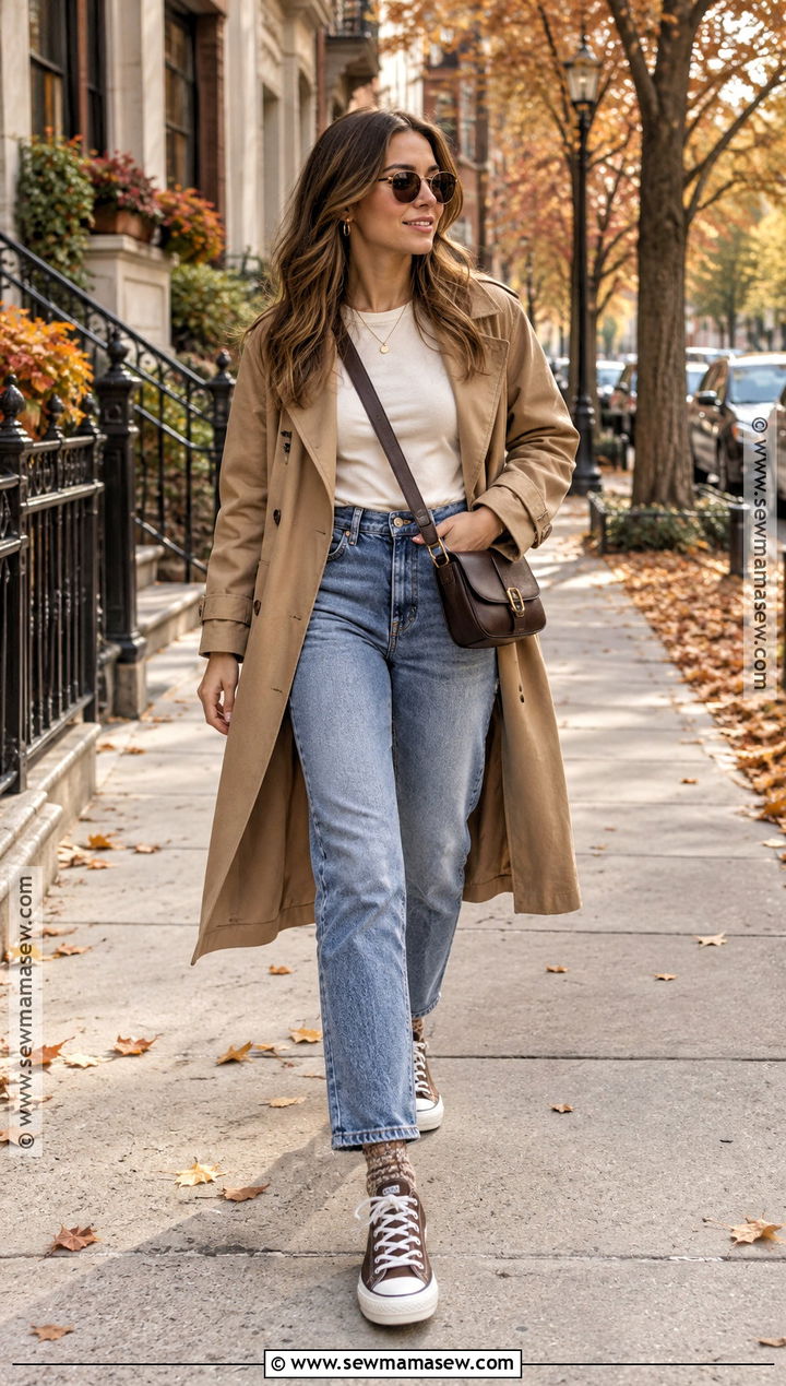 Brown Converse With Straight Leg Jeans And Trench Coat - 15 Brown Converse Outfit Fall Ideas