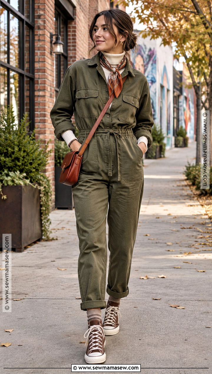 Brown Converse With Utility Jumpsuit And Crossbody Bag - 15 Brown Converse Outfit Fall Ideas