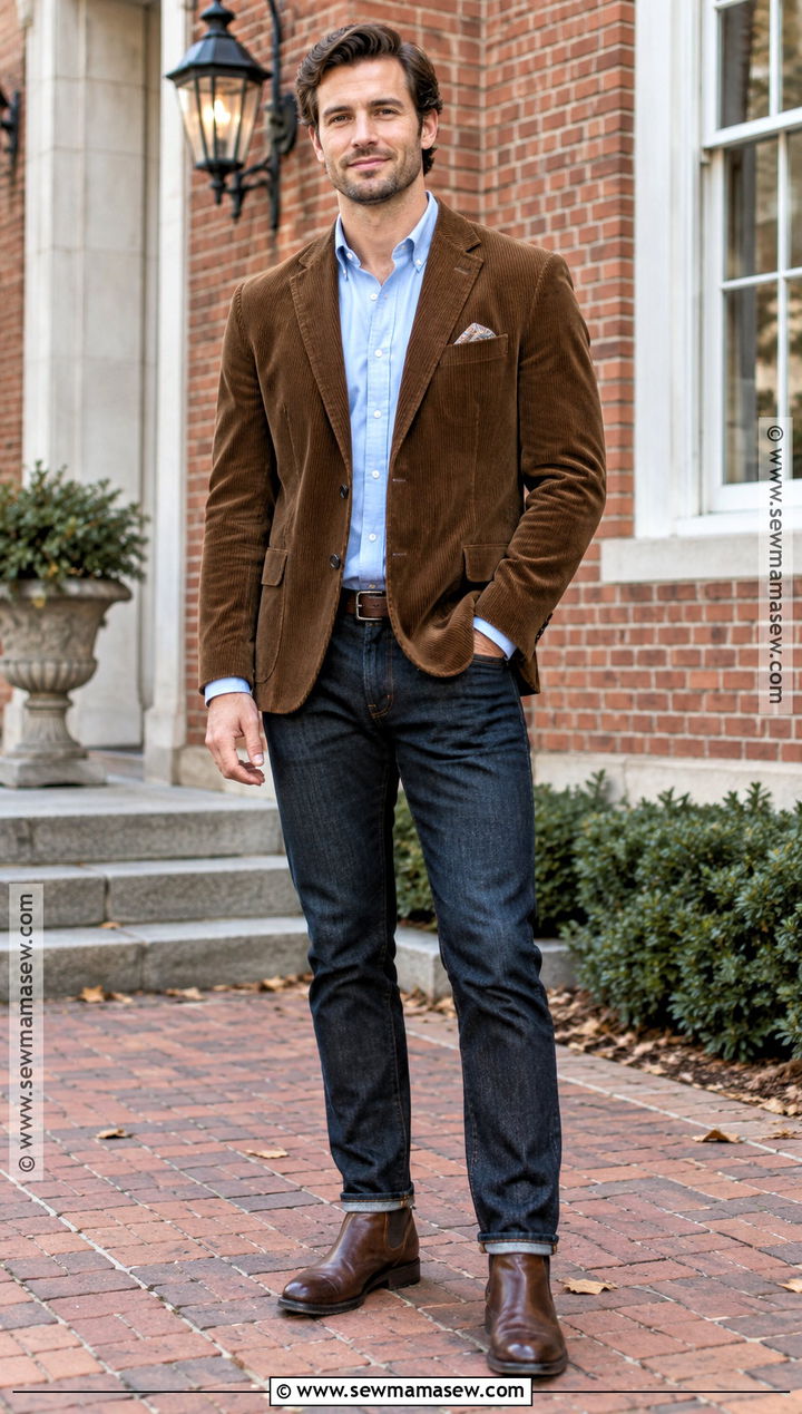 Brown Corduroy Blazer With Dark Jeans - 15 fall family photo outfits for men